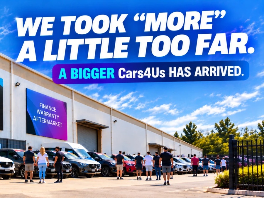 The Cars4us site on a sunny day, with large Cars4us signs on the warehouse wall, rows of cars and visitors walking through the yard. Headline: We took more a little too far. A bigger Cars4us has arrived.